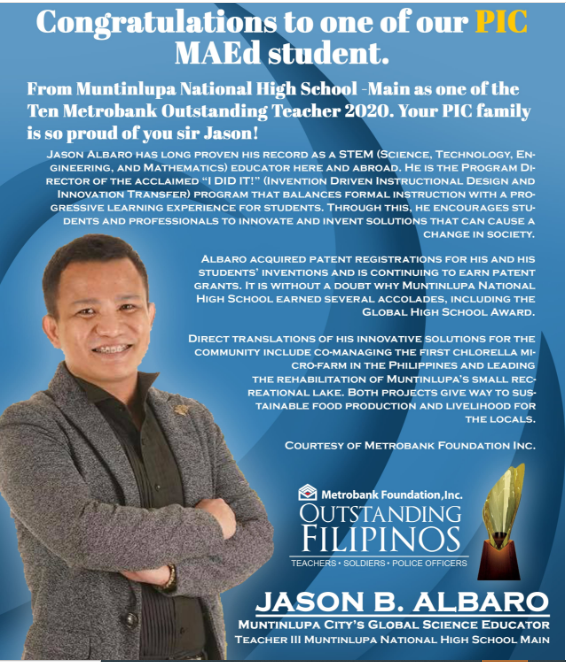 PIC Student chosen in Metrobank Foundation Outstanding Filipinos Teachers